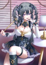 Rule 34 | 1girl, :d, bare shoulders, black bow, black hair, black nails, black skirt, black socks, bow, breasts, chain, cleavage, commentary, detached sleeves, fang, frilled skirt, frills, hair between eyes, high-waist skirt, highres, holding, holding wand, horns, knee up, kneehighs, lamp, large breasts, lloule, long sleeves, looking at viewer, nail polish, open mouth, original, pleated skirt, pointy ears, purple eyes, skirt, smile, socks, solo, stool, symbol-only commentary, table, thigh strap, two side up, wand, white sleeves, window blinds