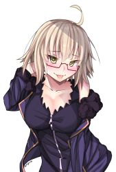 Rule 34 | 1girl, :p, absurdres, artist name, bare shoulders, blonde hair, blush, breasts, cleavage, dress, fate/grand order, fate (series), glasses, green dress, hand in own hair, highres, jacket, jeanne d&#039;arc (fate), jeanne d&#039;arc alter (fate), jeanne d&#039;arc alter (ver. shinjuku 1999) (fate), large breasts, off shoulder, official alternate costume, red-framed eyewear, semi-rimless eyewear, short hair, solo, star-shaped pupils, star (symbol), symbol-shaped pupils, tongue, tongue out, under-rim eyewear, zeroyama, zipper pull tab