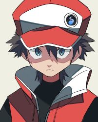 Rule 34 | 1boy, badge, baseball cap, black hair, black shirt, blue eyes, closed mouth, coat, commentary, creatures (company), frown, game freak, hair between eyes, hat, highres, hyou (hyouga617), looking at viewer, male focus, nintendo, pokemon, pokemon masters ex, red (pokemon), red (sygna suit) (pokemon), red coat, shirt, short hair, sleeveless, sleeveless coat, solo, upper body