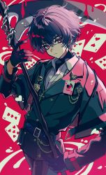 Rule 34 | 1boy, absurdres, black hair, card, gloves, haru4aki, heart, heart card, highres, holding, holding weapon, long sleeves, looking at viewer, male focus, original, pale skin, red eyes, scythe, solo, weapon