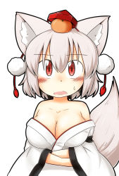 Rule 34 | 1girl, animal ears, bare shoulders, blush, breast hold, breasts, cleavage, collarbone, elu butyo, food, food on head, fruit, fruit on head, hat, highres, inubashiri momiji, japanese clothes, kimono, large breasts, looking at viewer, object on head, off shoulder, open mouth, orange (fruit), red eyes, short hair, silver hair, simple background, solo, sweat, tail, tokin hat, touhou, white background, wolf ears, wolf tail