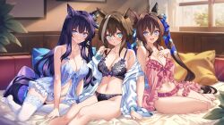 3girls animal_ears babydoll black_bra black_panties blue_babydoll blue_eyes blue_hair blue_panties bra breasts brown_hair cheval_grand_(umamusume) dark_blue_hair ear_covers hair_between_eyes highres horse_ears horse_girl horse_tail indoors large_breasts lingerie long_hair looking_at_viewer medium_breasts multicolored_hair multiple_girls panties pink_babydoll pink_panties shirokuma_a siblings single_ear_cover sisters sitting streaked_hair tail thighhighs twintails umamusume underwear v_sisters verxina_(umamusume) very_long_hair vivlos_(umamusume) white_thighhighs