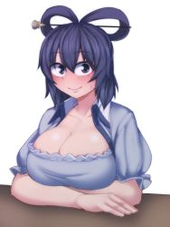 Rule 34 | 1girl, arm under breasts, blue eyes, blue hair, blush, breast rest, breasts, cleavage, closed mouth, collarbone, frills, hair between eyes, hair ornament, hair rings, hair stick, kaku seiga, kuroba rapid, large breasts, looking at viewer, medium hair, open clothes, open vest, puffy short sleeves, puffy sleeves, sanpaku, short sleeves, simple background, smile, solo, sweat, table, touhou, upper body, vest, white background, white vest, wing collar