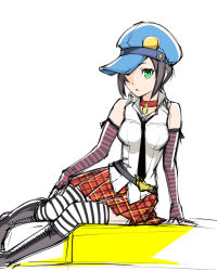 Rule 34 | 1girl, black hair, cabbie hat, collar, elbow gloves, fingerless gloves, gloves, green eyes, hat, hat over one eye, marie (persona 4), persona, persona 4, persona 4 the golden, plaid, plaid skirt, sitting, skirt, sleeveless, solo, striped clothes, striped thighhighs, thighhighs, ueyama michirou