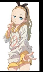 Rule 34 | 1girl, blue eyes, forehead, highres, kurumi (lycoris recoil), long sleeves, looking to the side, lycoris recoil, solo, takayuki azuma, v, white background