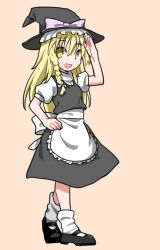 Rule 34 | 1girl, :d, apron, black footwear, black hat, black skirt, black vest, blonde hair, bow, braid, breasts, brown background, commentary request, cookie (touhou), frilled skirt, frills, full body, hair bow, hand on own hip, hat, hat bow, highres, kakusou, kirisame marisa, long hair, looking at viewer, mary janes, open mouth, pink bow, puffy short sleeves, puffy sleeves, salute, shirt, shoes, short sleeves, simple background, single braid, skirt, skirt set, small breasts, smile, socks, solo, touhou, turtleneck, uzuki (cookie), vest, waist apron, walking, white apron, white shirt, witch hat, yellow eyes