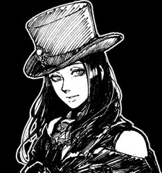 Rule 34 | 1other, androgynous, bare shoulders, guilty gear, guilty gear strive, hat, hat ornament, long hair, looking at viewer, lowres, monochrome, mori no yousei, other focus, simple background, skull hat ornament, testament (guilty gear), top hat, upper body