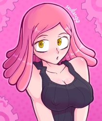 Rule 34 | 1girl, absurdres, artist name, bare shoulders, black shirt, blush, boku no hero academia, breasts, cleavage, collarbone, covered erect nipples, hatsume mei, highres, large breasts, looking at viewer, medium hair, open mouth, pink background, pink hair, pink theme, shirt, skull, skullango, solo, tank top, upper body, yellow eyes