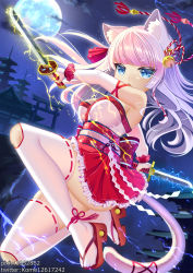 Rule 34 | 1girl, animal ears, bare shoulders, bell, blue eyes, blunt bangs, breasts, building, cat ears, commentary request, dual wielding, elbow gloves, electricity, fingerless gloves, full moon, gloves, hair bell, hair ornament, highres, holding, holding weapon, japanese clothes, long hair, looking at viewer, medium breasts, miko, ming (3952862), moon, night, ninja, nontraditional miko, open mouth, original, pink hair, platform footwear, ribbon-trimmed legwear, ribbon trim, short sword, solo, strapless, sword, thighhighs, torii, weapon, white thighhighs