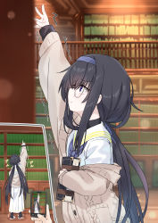 Rule 34 | 1girl, absurdres, black hair, blue archive, blush, book, bookshelf, cellphone, glasses, headband, highres, long hair, low twintails, phone, reaching, reaching towards viewer, school uniform, slippers, solo focus, sweater, taking picture, twintails, ui (blue archive), yamada seimei