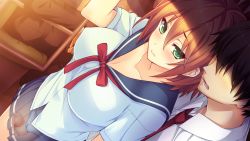 Rule 34 | 1boy, 1girl, artist request, blush, breasts, censored, character request, cleavage, covered erect nipples, game cg, green eyes, hetero, large breasts, orange hair, panties, school uniform, short hair, skirt, source request, tagme, thigh sex, underwear