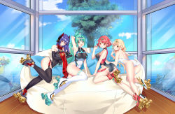Rule 34 | 4girls, absurdres, android, blonde hair, breasts, chest jewel, competition swimsuit, highres, large breasts, long hair, multiple girls, mythra (radiant beach) (xenoblade), mythra (xenoblade), ocean, okazakileo, one-piece swimsuit, pneuma (xenoblade), poppi (xenoblade), poppi qtpi (xenoblade), pyra (pro swimmer) (xenoblade), pyra (xenoblade), red eyes, red hair, roller skates, short hair, skates, swept bangs, swimsuit, very long hair, xenoblade chronicles (series), xenoblade chronicles 2, yellow eyes
