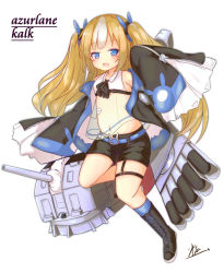 Rule 34 | 1girl, azur lane, belt, blonde hair, boots, cannon, character name, copyright name, detached sleeves, full body, highres, kalk (azur lane), long sleeves, looking at viewer, navel, open mouth, see-through, shorts, simple background, solo, torpedo tubes, twintails, white background, yuruneko
