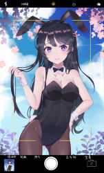 Rule 34 | 1girl, absurdres, animal ears, black bow, black bowtie, black leotard, blue sky, bow, bowtie, breasts, cherry blossoms, chinese text, cloud, collar, contrapposto, covered navel, cowboy shot, detached collar, fake animal ears, flower, hair ornament, hairclip, highres, leotard, looking at viewer, medium breasts, pantyhose, playboy bunny, purple eyes, rabbit ears, rabbit hair ornament, rabbit tail, sakurajima mai, seishun buta yarou, simplified chinese text, sky, smile, solo, standing, strapless, strapless leotard, tail, white collar, wrist cuffs, yu hang shiyi