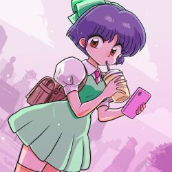 Rule 34 | 1girl, backpack, bag, blue hair, breasts, cellphone, dress, drinking, drinking straw, green dress, hat, holding, holding phone, necktie, outdoors, phone, ranma 1/2, short hair, small breasts, tendou akane, tree, wanta (futoshi)