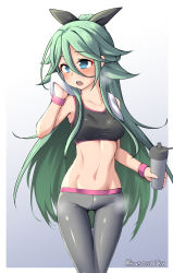 Rule 34 | 1girl, absurdres, alternate costume, black ribbon, blue eyes, bottle, gluteal fold, gradient background, green hair, grey background, grey pants, gym pants, hair between eyes, hair ornament, hair ribbon, hairclip, highres, kantai collection, long hair, looking to the side, midriff, open mouth, pants, parted bangs, ponytail, ribbon, sidelocks, solo, sports bra, squeeze bottle, standing, steam, twitter username, very long hair, water bottle, white background, yamakaze (kancolle), yoga pants, yuki to hana