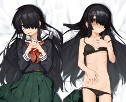 1girl black_bra black_hair black_panties blush bra breasts dakimakura_(medium) embarrassed hair_over_one_eye izumozaki_neneko long_hair looking_at_viewer lying muchi_maro multiple_views navel official_art on_back panties red_eyes ribs school_uniform serafuku shironagasu-tou_e_no_kikan skirt small_breasts underwear upper_body