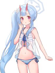 Rule 34 | bikini, blue archive, blue hair, chise (blue archive), chise (swimsuit) (blue archive), flower, food in mouth, hair flower, hair ornament, halo, highres, horns, jacket, navel, oni horns, popsicle, popsicle in mouth, red eyes, red horns, ruru (rurumagi), sailor collar, see-through, see-through jacket, side ponytail, solo, striped bikini, striped clothes, swimsuit, two-tone bikini, white background, white sailor collar