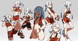 Rule 34 | 1girl, ass, back, bike shorts, blue eyes, blue hair, breasts, character sheet, clenched hands, glasses, gloves, gluteal fold, grey background, highres, lamian (pixiv415608), leg up, looking at viewer, multiple views, navel, nude, open mouth, original, parted bangs, simple background, sweat, towel, twintails