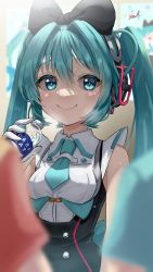 Rule 34 | 1girl, absurdres, aqua eyes, aqua hair, aqua necktie, black bow, bottle, bow, closed mouth, hair bow, hatsune miku, headphones, highres, holding, holding bottle, long hair, looking at viewer, necktie, pocari sweat, poster (object), smile, solo, tatyaoekaki, twintails, upper body, vocaloid, water bottle
