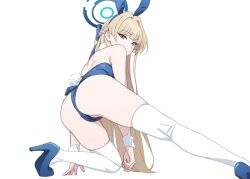 Rule 34 | 1girl, animal ears, ass, bare shoulders, blonde hair, blue archive, blue bow, blue eyes, blue footwear, blue hair, blue leotard, bow, braid, closed mouth, corrupted twitter file, expressionless, fake animal ears, fake tail, french braid, from behind, hair bow, half updo, halo, high heels, highres, kneepits, leotard, looking at viewer, multicolored hair, narrowed eyes, nyus0721, simple background, solo, streaked hair, tail, thighhighs, thighs, toki (blue archive), toki (bunny) (blue archive), white background, white thighhighs, wrist cuffs