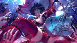 Rule 34 | 1girl, breasts, chain, ein lee, female focus, fingerless gloves, gloves, guilty gear, guilty gear strive, guitar, hat, highres, i-no, instrument, large breasts, lipstick, looking at viewer, makeup, mole, mole above mouth, official art, short hair, shorts, skeletal hand, solo, sunglasses, thighhighs, witch hat