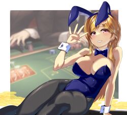 Rule 34 | 1girl, animal ears, black pantyhose, blonde hair, blue bow, blue bowtie, blue leotard, bow, bowtie, breasts, coin, commentary request, detached collar, feet out of frame, idolmaster, idolmaster million live!, konachiri, large breasts, leotard, long hair, looking at viewer, lying, momose rio, on side, pantyhose, playboy bunny, rabbit ears, red eyes, solo, strapless, strapless leotard, waving, wrist cuffs