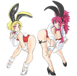 Rule 34 | 2girls, absurdres, animal ears, ass, blonde hair, breasts, cleavage, detached collar, disgaea, high heels, highres, leotard, multiple girls, pink hair, playboy bunny, pointy ears, rabbit tail, seraphina (disgaea), simple background, toshinoshin, usalia (disgaea), white background