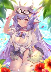 Rule 34 | 1girl, animal ears, bikini, blue hair, blush, breasts, catura (granblue fantasy), choker, cleavage, cow ears, cow girl, cow horns, draph, goggles, goggles on head, granblue fantasy, hat, homaderi, horns, large breasts, long hair, looking at viewer, miniskirt, open mouth, pointy ears, puffy short sleeves, puffy sleeves, short sleeves, skirt, solo, swimsuit, thighs, water, white hat