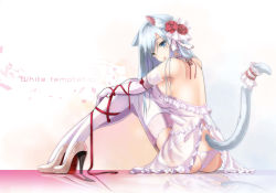 Rule 34 | 1girl, animal ears, aqua eyes, blue eyes, bow, breasts, cat ears, cat tail, english text, fatkewell, flower, garter belt, gloves, hair flower, hair ornament, heterochromia, high heels, lace, lace-trimmed legwear, lace trim, lipstick, long hair, makeup, original, panties, pink panties, reflection, reflective floor, ribbon, rose, silver hair, sitting, smile, solo, tail, tail ornament, thighhighs, underwear, white panties, white thighhighs, yellow eyes