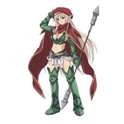 Rule 34 | 1girl, alleyne (queen&#039;s blade), arm up, armpits, beret, blonde hair, blue eyes, blush, boots, braid, breasts, cape, cleavage, elbow gloves, elf, full body, gloves, green footwear, green gloves, green thighhighs, hat, highres, holding, holding weapon, long hair, looking at viewer, midriff, navel, official art, parted lips, pointy ears, polearm, queen&#039;s blade, side braid, sideboob, simple background, skirt, small breasts, solo, spear, stomach, tachi-e, thigh boots, thighhighs, tsurime, very long hair, weapon, white background, white skirt