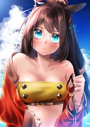 Rule 34 | 1girl, absurdres, bare shoulders, blue eyes, blue sky, blush, breasts, brown hair, cleavage, cloud, collarbone, commentary request, dated, day, el condor pasa (umamusume), highres, holding, holding mask, horse girl, jacket, long hair, looking at viewer, mask, unworn mask, medium breasts, mikuri kamazirou, outdoors, red jacket, shirt, sky, solo, strapless, tan, tanline, tube top, umamusume, yellow shirt