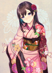 Rule 34 | 1girl, arms at sides, blush, brown hair, closed mouth, fingernails, floral background, floral print, flower, hair flower, hair ornament, head tilt, highres, japanese clothes, kagematsuri, kimono, long hair, long sleeves, looking at viewer, obi, original, pink kimono, purple eyes, red flower, sash, smile, solo, standing, wide sleeves