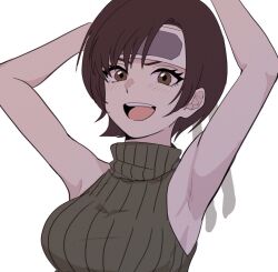 Rule 34 | 1girl, armpits, arms behind head, bare arms, blush, breasts, brown eyes, brown hair, final fantasy, final fantasy vii, green shirt, headband, highres, looking at viewer, medium breasts, open mouth, parted bangs, shirt, short hair, sideboob, sleeveless, sleeveless turtleneck, smile, solo, teeth, turtleneck, upper body, upper teeth only, yuffie kisaragi, yuno ff