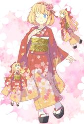 Rule 34 | 1girl, alice margatroid, alternate costume, arnest, blonde hair, blue eyes, blush, doll, floral background, floral print, full body, hair ribbon, hairband, hourai doll, japanese clothes, kimono, long hair, long sleeves, looking at another, looking at viewer, looking up, matching shanghai, obi, one eye closed, open mouth, pink background, platform clogs, red kimono, ribbon, sandals, sash, shanghai doll, short hair, smile, socks, solo, standing, standing on one leg, tabi, touhou, white socks, wide sleeves, yukata
