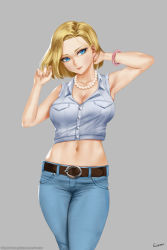 Rule 34 | 1girl, android 18, armpits, arms up, belt, blonde hair, blue eyes, blue pants, bracelet, breasts, cleavage, cowboy shot, denim, dragon ball, dragonball z, earrings, easonx, grey background, highres, jeans, jewelry, large breasts, midriff, navel, necklace, pants, short hair, signature, simple background, sleeveless, solo, watermark, web address