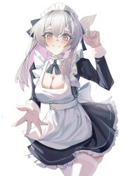 Rule 34 | 1girl, absurdres, alternate costume, apron, black ribbon, black shirt, black skirt, bow, breasts, cleavage, closed mouth, colored inner hair, cowboy shot, crossed bangs, detached collar, enmaided, firefly (honkai: star rail), grey hair, hair between eyes, hair bow, hair ribbon, highres, honkai: star rail, honkai (series), hua (yijing), index finger raised, large breasts, legs together, looking at viewer, maid, maid headdress, multicolored hair, open hand, orange eyes, outstretched arm, petticoat, pink hair, pleated skirt, reaching, reaching towards viewer, ribbon, shirt, simple background, skirt, smile, solo, thighhighs, white apron, white background, white bow, white thighhighs, zettai ryouiki