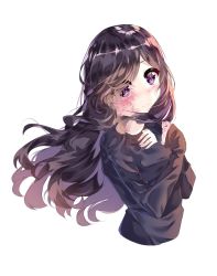 Rule 34 | 1girl, airy45525312, black hair, black shirt, blush, burn scar, commentary, cropped torso, english commentary, hair over one eye, highres, ikezawa hanako, katawa shoujo, long hair, looking at viewer, purple eyes, scar, shirt, simple background, sleeves past wrists, solo, upper body, white background