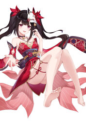 1girl absurdres ass bare_shoulders barefoot bell black_choker black_hair black_sash blush breasts choker collarbone detached_sleeves feet floating_hair fox_mask full_body hair_bell hair_ornament hair_ribbon halterneck highres honkai:_star_rail honkai_(series) invisible_chair japanese_clothes jingle_bell kimono lieend long_hair looking_at_viewer mask mask_on_head neck_bell o-ring obi obiage obijime offering_hand open_mouth pink_eyes red_kimono red_ribbon ribbon sash short_kimono sidelocks simple_background sitting small_breasts soles solo sparkle_(honkai:_star_rail) toes twintails very_long_hair white_background