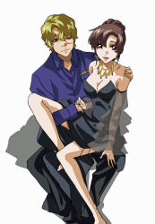 1boy 1girl bare_shoulders blonde_hair blue_eyes breasts brown_hair couple dress fumiko_(mesushi) gundam gundam_seed gundam_seed_freedom hetero large_breasts long_hair long_sleeves looking_at_viewer mu_la_flaga murrue_ramius official_alternate_costume one_eye_closed pants shirt short_hair sleeveless smile