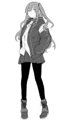 Rule 34 | 1girl, armband, boots, closed mouth, daigaku jitome, full body, girls&#039; frontline, greyscale, hair between eyes, hands in pockets, highres, jacket, long hair, long sleeves, monochrome, one side up, pantyhose, pleated skirt, scar, scar across eye, scar on face, shirt, simple background, skirt, solo, spot color, standing, ump45 (girls&#039; frontline), yellow eyes