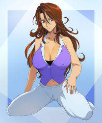 Rule 34 | 00s, 1girl, bare arms, bare shoulders, breasts, brown eyes, brown hair, cameltoe, cleavage, covered erect nipples, female focus, full body, gradient background, gundam, gundam 00, hair between eyes, ichijiku, large breasts, legs, long hair, looking at viewer, matching hair/eyes, navel, pants, parted lips, shirt, simple background, sitting, sleeveless, smile, solo, sumeragi lee noriega, taut clothes, taut shirt, thighs, wavy hair, white pants