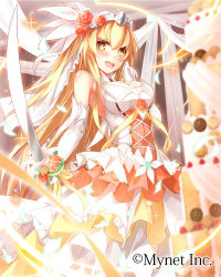 Rule 34 | 1girl, :d, blonde hair, blush, breasts, cake, dress, elbow gloves, falkyrie no monshou, food, gloves, large breasts, long hair, looking at viewer, official art, open mouth, orange eyes, smile, solo, sword, takanashie, valkyrie no monshou, veil, very long hair, weapon, white gloves