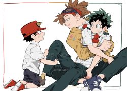 Rule 34 | 3boys, anger vein, artist name, black hair, black shorts, blue footwear, boku no hero academia, brown eyes, brown hair, child, commentary, commentary request, english commentary, freckles, goggles, goggles on head, green eyes, green hair, green pants, hat, horned hat, hug, hug from behind, izumi kouta, jacket, kneeling, leg grab, long sleeves, looking at another, looking to the side, male focus, mantos no.7, midoriya izuku, mixed-language commentary, multiple boys, necktie, open mouth, pants, ponytail, red footwear, red headwear, red necktie, rody soul, shirt, shoes, short hair, short sleeves, shorts, simple background, sitting, sneakers, sweat, thai commentary, tongue, tongue out, watermark, white background, white shirt, yaoi, yellow jacket