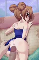 Rule 34 | 1girl, aisaka taiga, anus, ascii media works, ass, bad id, bad pixiv id, blush, brown eyes, brown hair, clothing aside, competition school swimsuit, geewhy, hetero, highres, one-piece swimsuit, penis, petite, school swimsuit, strap slip, swimsuit, swimsuit aside, tan, tanline, toradora!, uncensored
