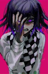 Rule 34 | 1boy, anger vein, bad id, bad twitter id, checkered clothes, checkered neckwear, checkered scarf, clenched teeth, commentary request, danganronpa (series), danganronpa v3: killing harmony, gradient hair, hair between eyes, hand in own hair, hand on own face, highres, joh pierrot, long sleeves, looking at viewer, male focus, multicolored hair, oma kokichi, pink background, purple eyes, purple hair, revision, scarf, signature, simple background, solo, straitjacket, teeth, upper body
