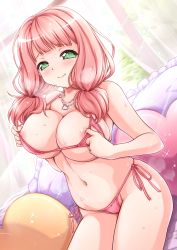 Rule 34 | 1girl, absurdres, areola slip, bang dream!, bikini, bikini top lift, blush, breasts, cameltoe, cleavage, clothes lift, collarbone, commission, commissioner upload, facing viewer, green eyes, heart, heart necklace, heart-shaped pillow, highres, jewelry, large breasts, low twintails, medium hair, moyuru, navel, necklace, nipples, on bed, pillow, pink bikini, pink hair, skeb commission, smile, solo, sparkle, stomach, sweat, swimsuit, twintails, uehara himari, window