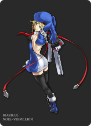 Rule 34 | 1girl, arc system works, armlet, ass, back, bad id, bad pixiv id, beret, black thighhighs, blazblue, blonde hair, blue footwear, boots, character name, dress, dual wielding, gloves, green eyes, gun, hat, highres, holding, looking back, neco, noel vermillion, open mouth, short hair, solo, thighhighs, weapon, white gloves