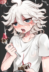 Rule 34 | 2boys, bad id, bad pixiv id, black background, blue eyes, blush, collarbone, commentary request, cum, cum in mouth, cum on body, cum on clothes, cum on food, cum on hair, cum on male, danganronpa (series), danganronpa 2: goodbye despair, facial, food, fork, fruit, heart, holding, holding fork, hoshihuri, komaeda nagito, looking at viewer, messy hair, multiple boys, no jacket, open mouth, penis, print shirt, shirt, short sleeves, solo focus, strawberry, t-shirt, tongue, tongue out, translation request, white hair, yaoi
