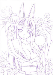 Rule 34 | 1girl, animal ears, bare shoulders, blunt bangs, breasts, censored, cleavage, convenient censoring, facial mark, fox ears, hair over breasts, hasaha, japanese clothes, kimono, kusanagi tonbo, lineart, long hair, monochrome, monster girl, open clothes, original, pointy ears, rabbit ears, sketch, solo, summon night, summon night 2, undressing